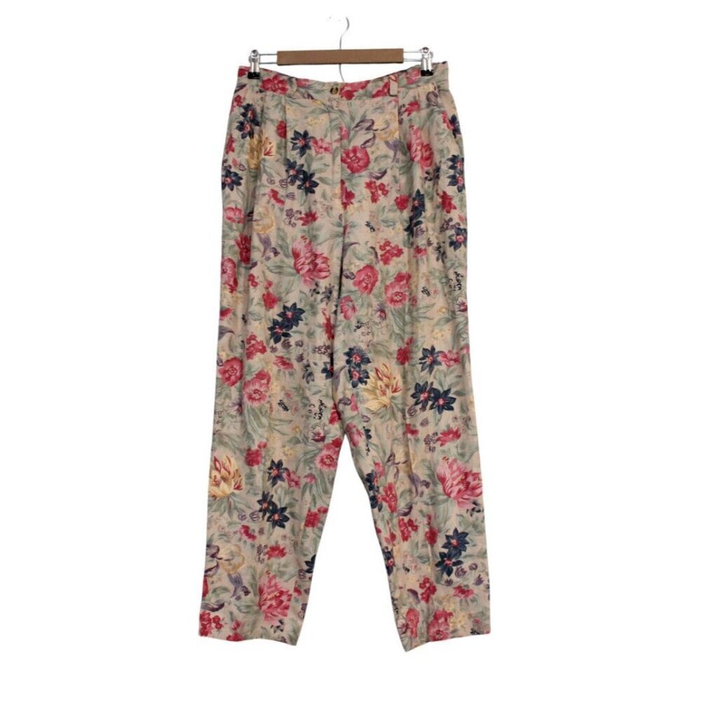 Vintage Talbots Pants 14 Petite Multicolor Floral Linen Pleated 90s Grandmacore